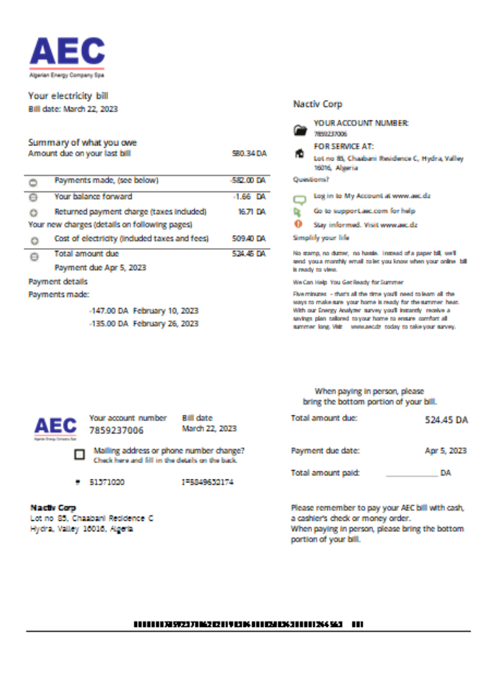 AEC Algerian Energy Company utility business bill, SCR PSD template